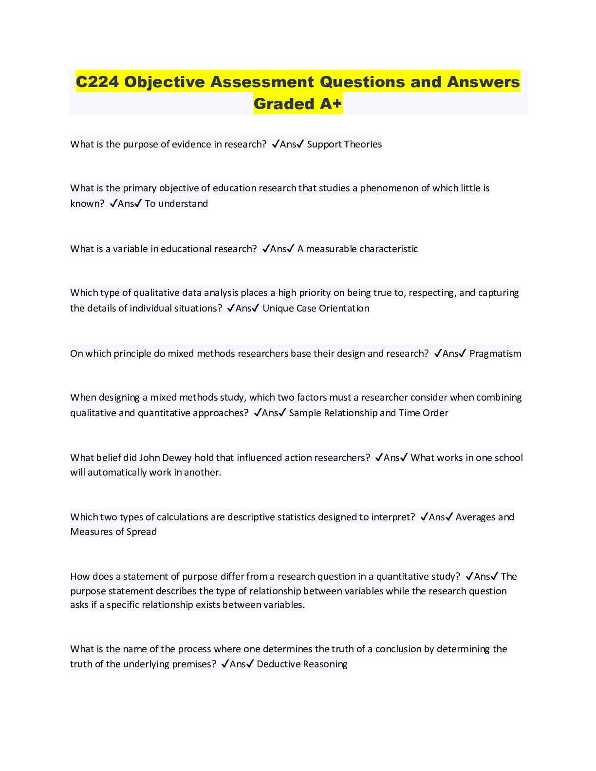 Preview of C224 Objective Assessment Questions and Answers Graded A+
